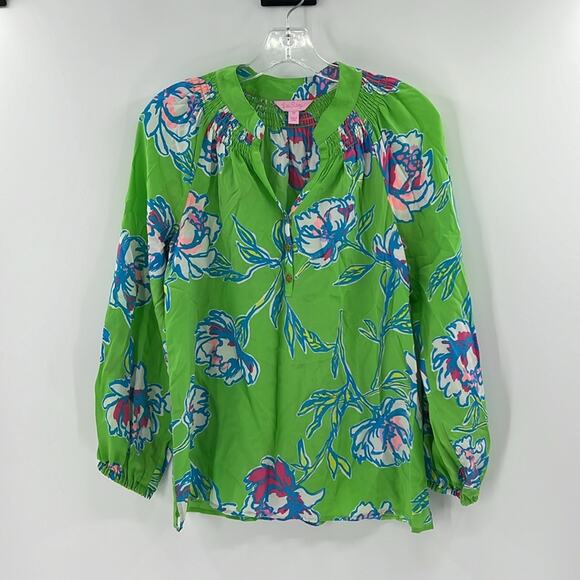 Lilly Pulitzer Women's Elsa 100% Silk Long Sleeve Top - Green Floral - XS - Picture 2 of 8
